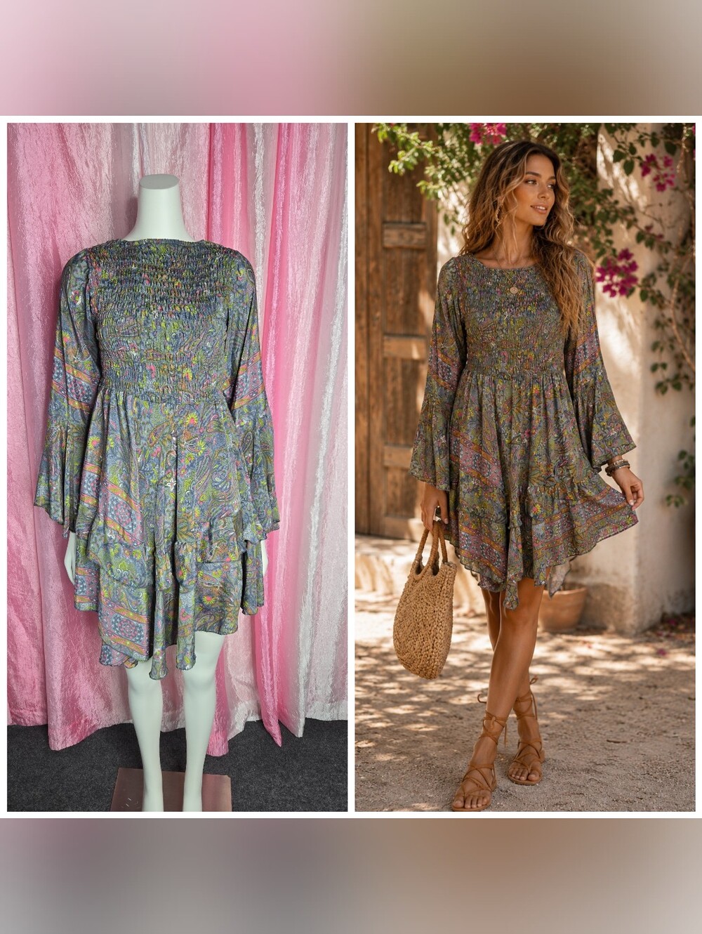 Kathmandu Imports Floral Silk Boho Paisley Layered Flowy Dress Size S/M